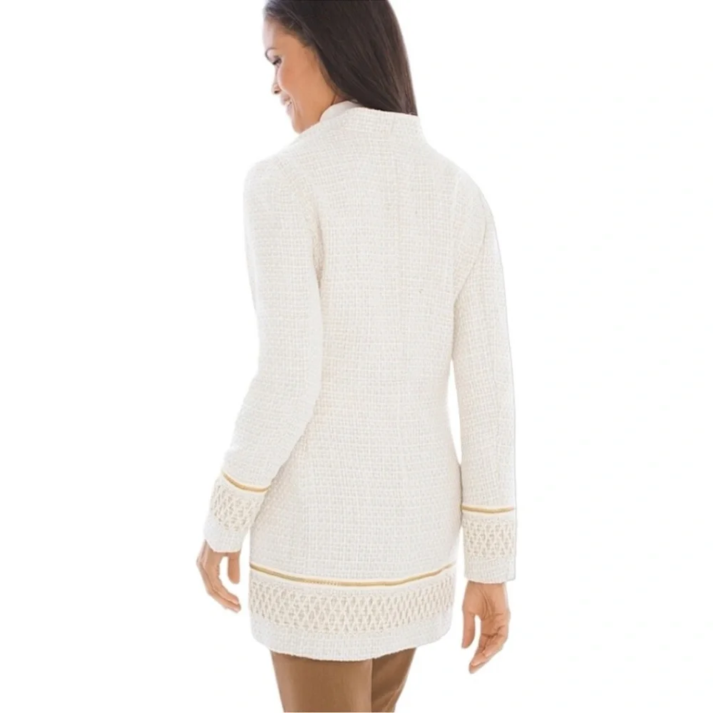 Chico’s Textured Embellished Trim Cream and Gold Open Front jacket size large - Picture 2 of 11